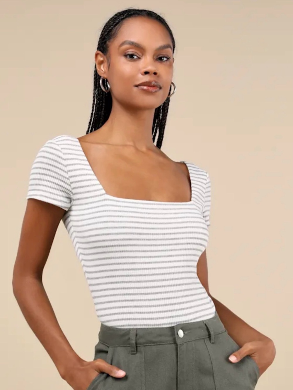 NWT Lulu's White Ribbed Square Neck Short Sleeve Bodysuit with Gray Stripes - M